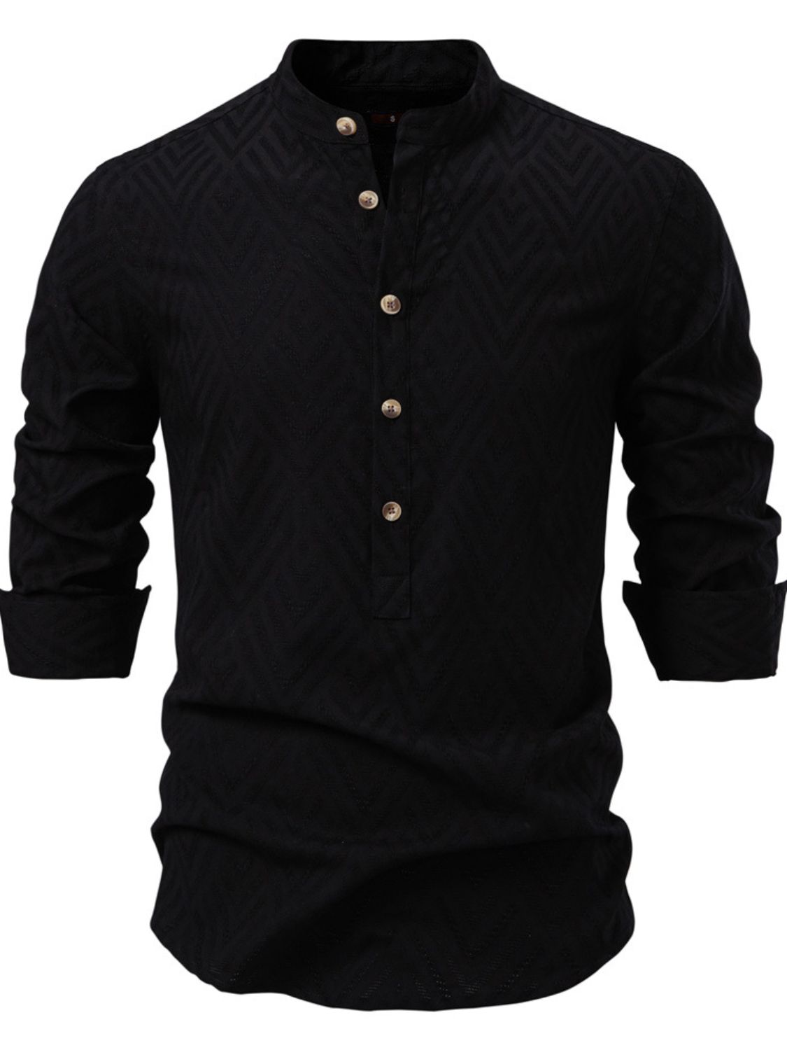 Men's half button geometric texture collared neck shirt in black.