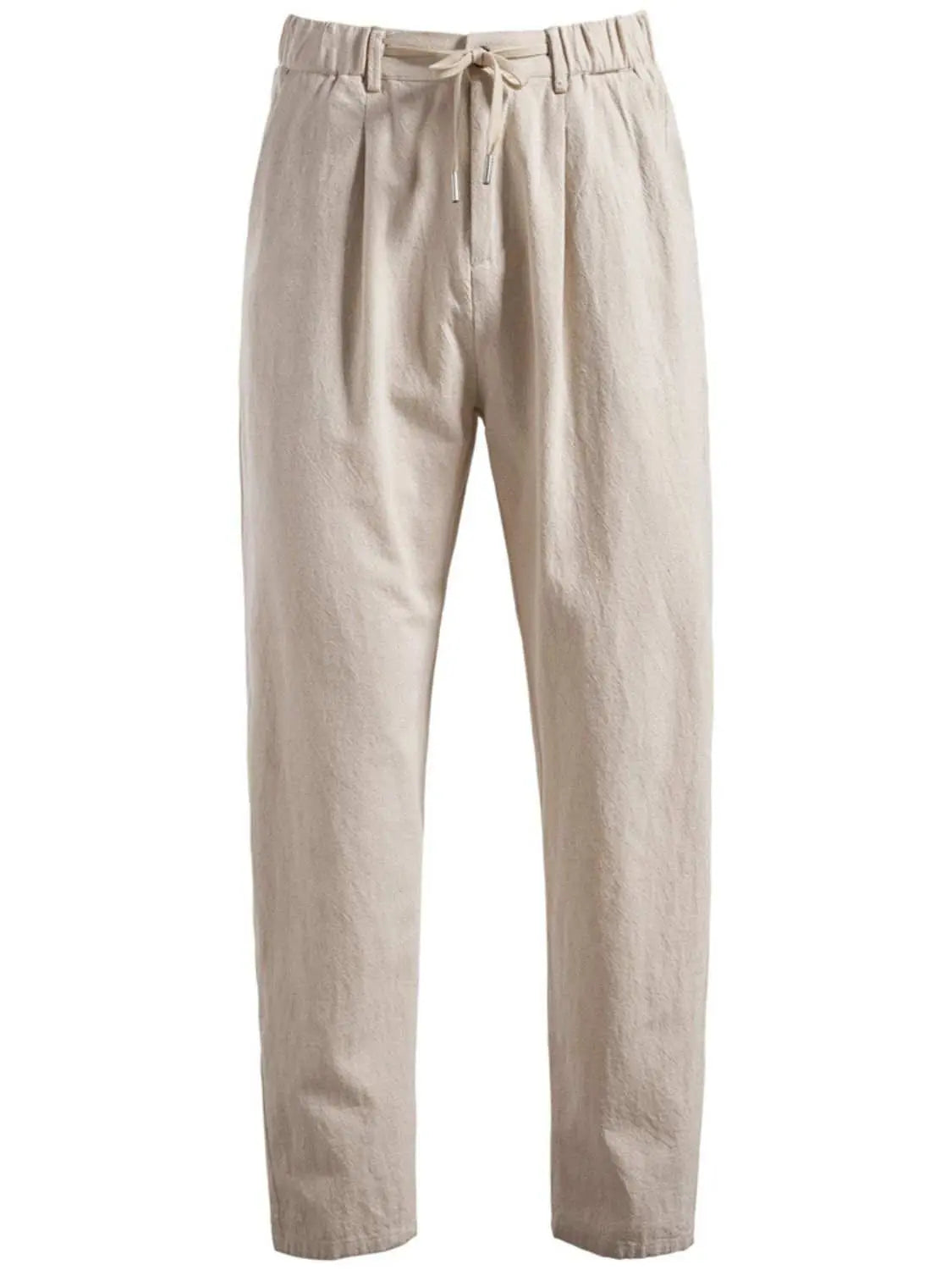 Men's beige drawstring straight pants with pockets, cotton-linen blend.