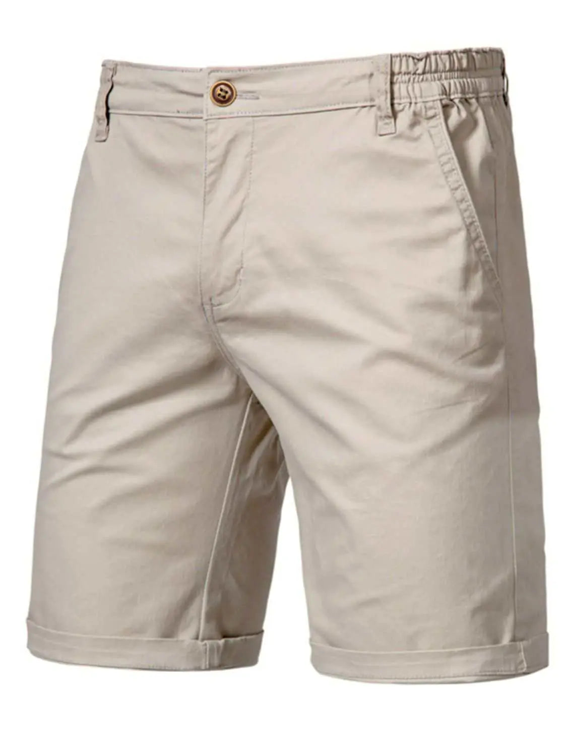 Men's elastic waist shorts with pockets in beige, 100% cotton fabric.