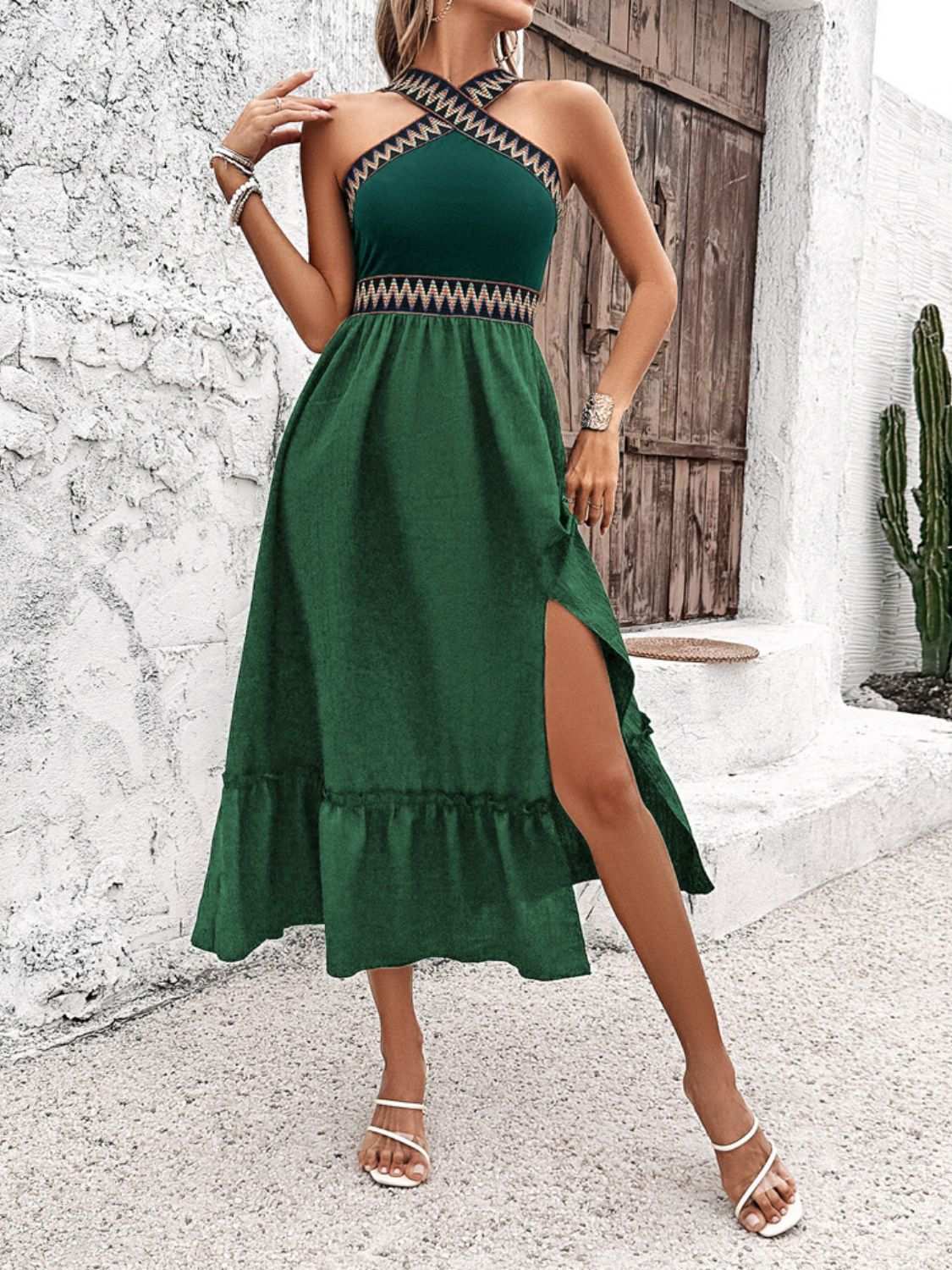 Devine Ruffled Slit Sleeveless Midi Dress in green with ruffled hem and side slit.