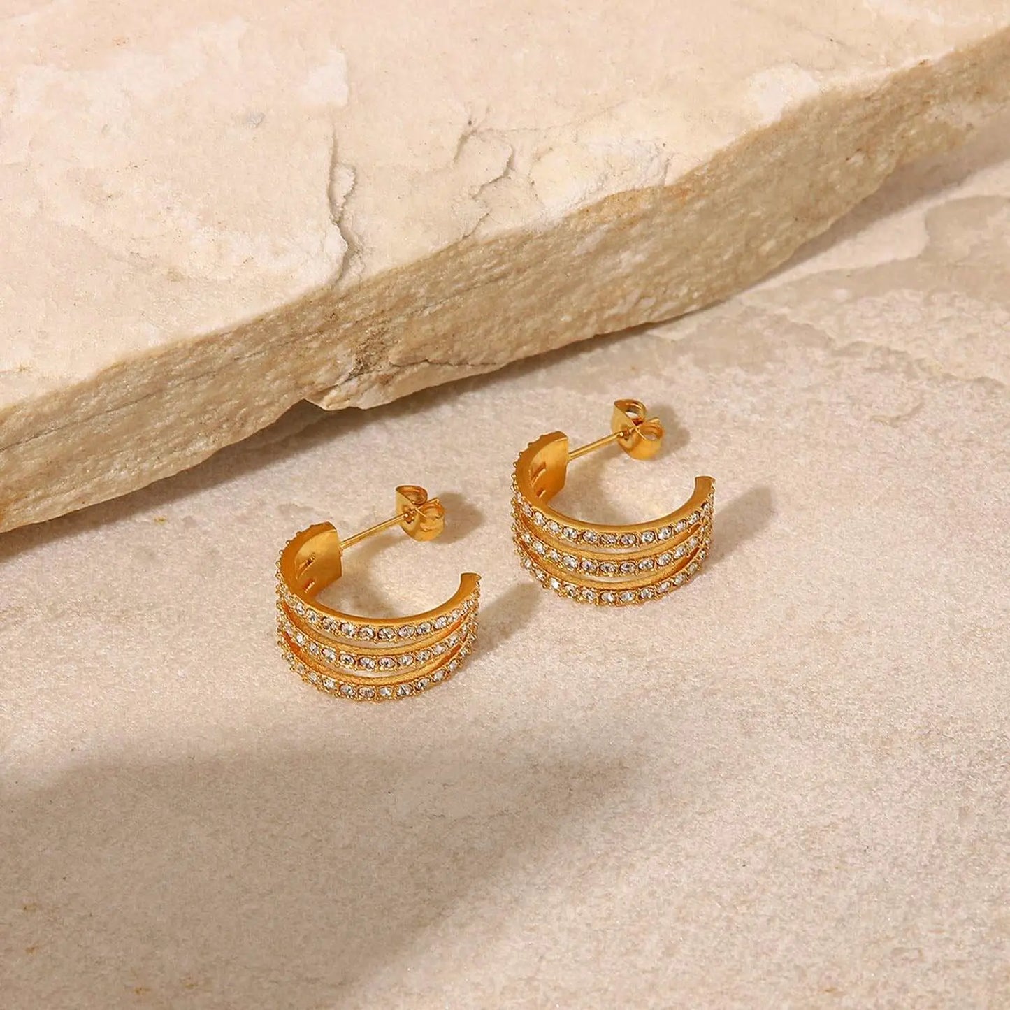 Stainless steel inlaid zircon C-hoop earrings, gold-plated, 2.4-inch length.