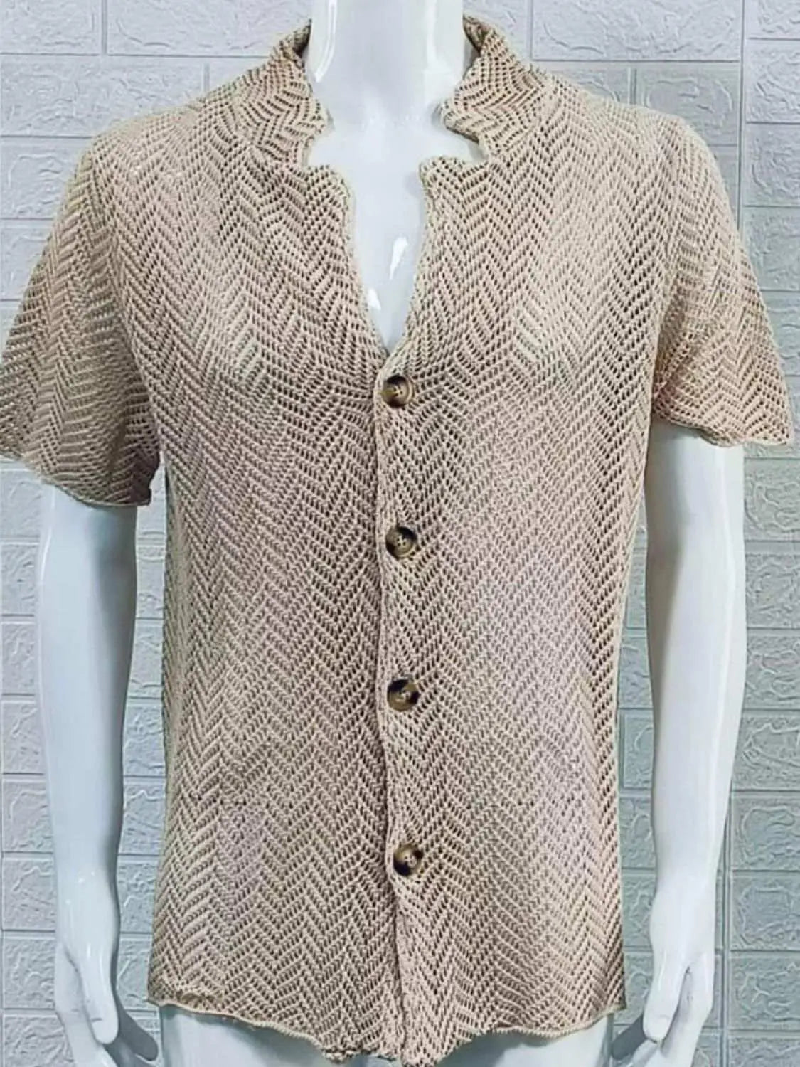 Men's plus size herringbone eyelet button down knit shirt, slightly stretchy fabric.