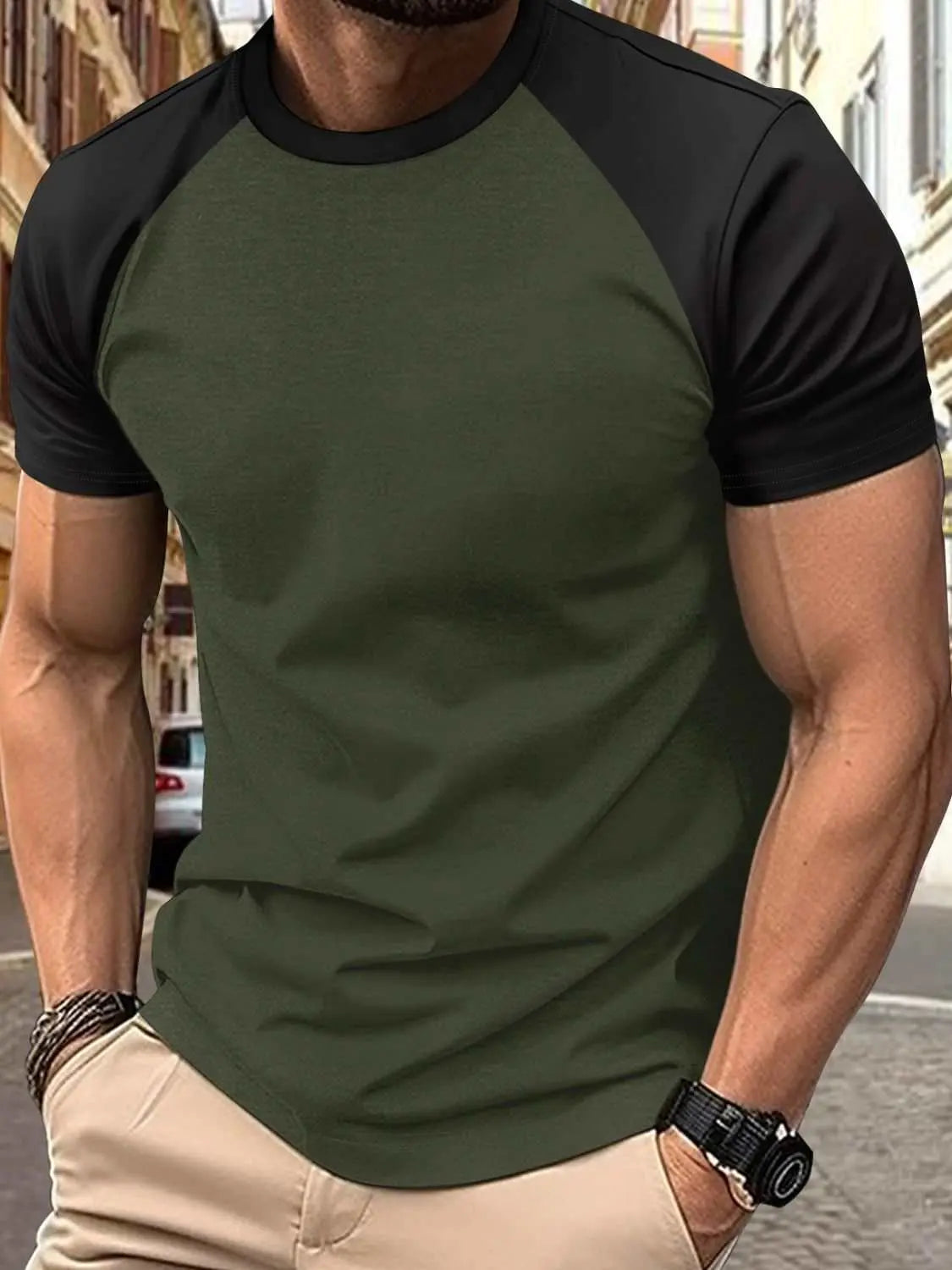 Men's full size round neck contrast t-shirt in olive green and black, slightly stretchy material.