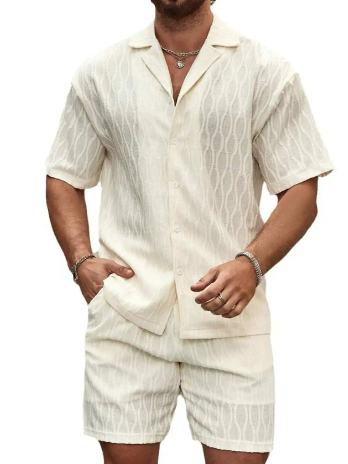 Men's plus size collared neck short sleeve top and shorts set, buttoned, pocketed, slightly stretchy fabric.