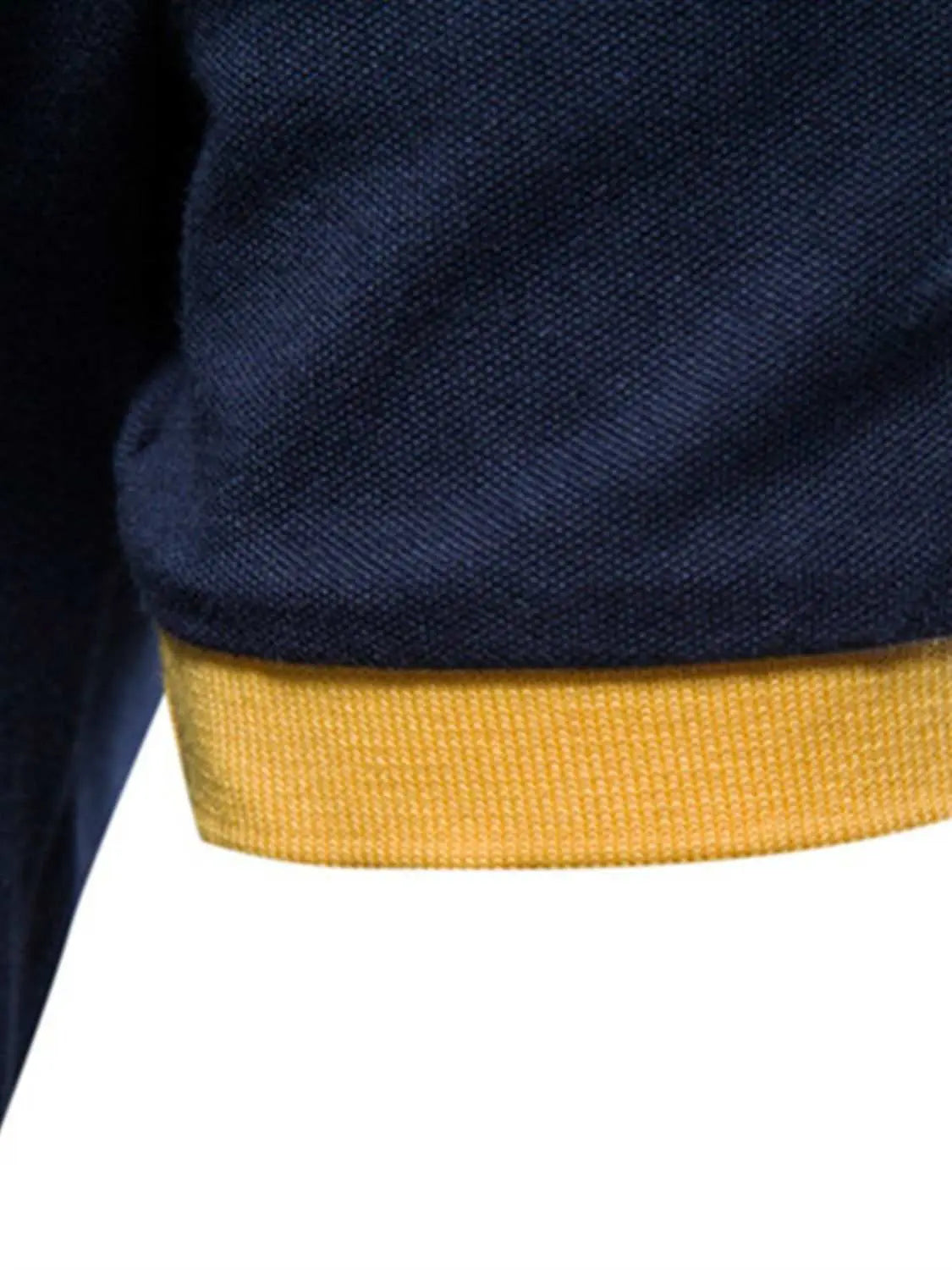 Men's embroidered collared neck striped contrast polo with yellow cuff detailing.