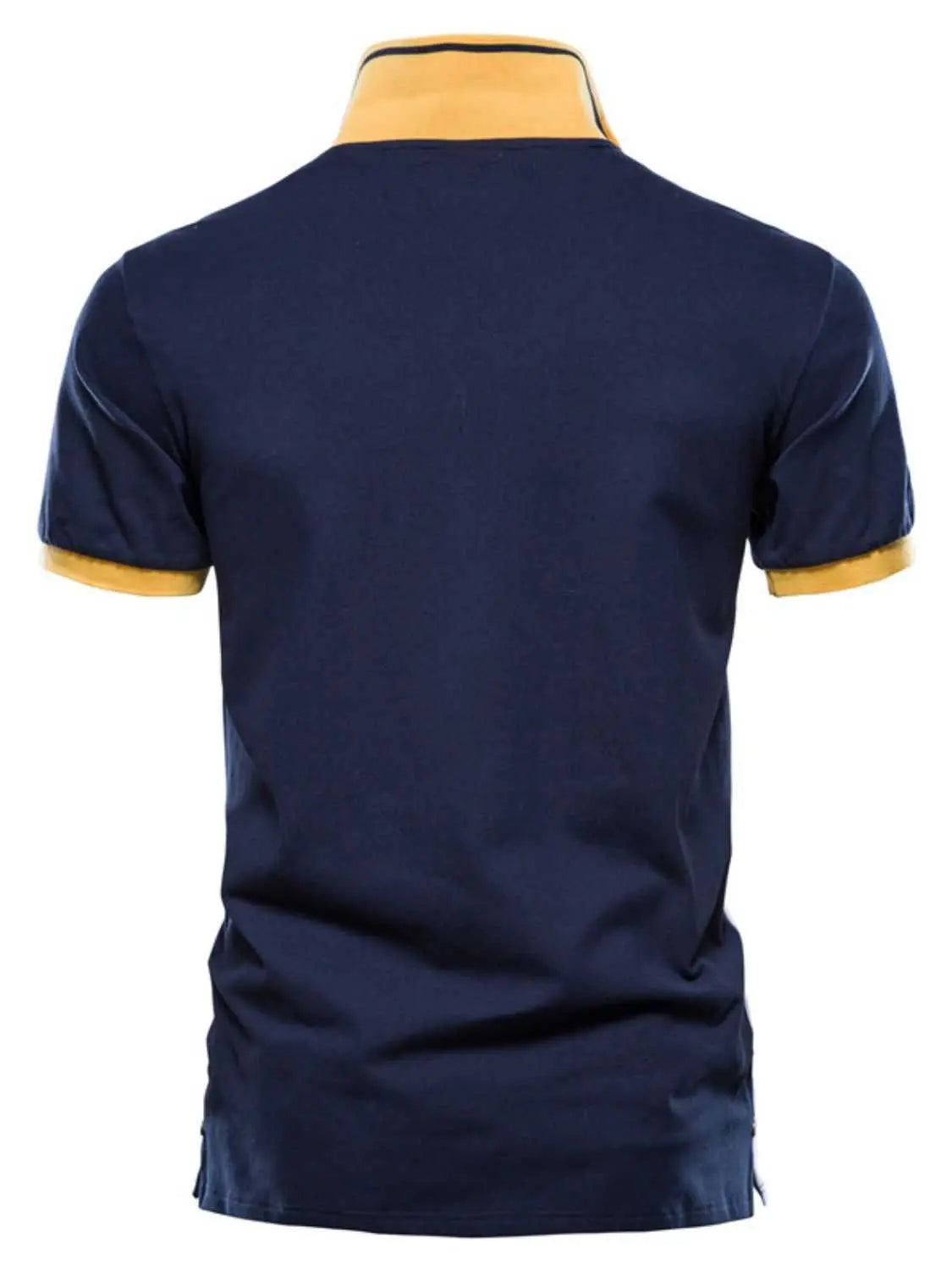 Men's embroidered collared neck striped contrast polo in navy blue with yellow accents, made from 100% cotton.