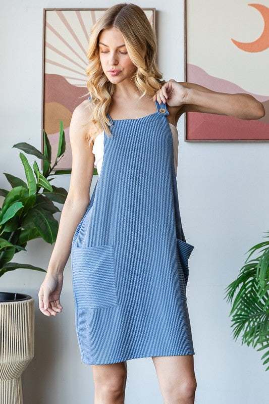 Heimish full size ribbed sleeveless mini tank dress with pockets, blue.