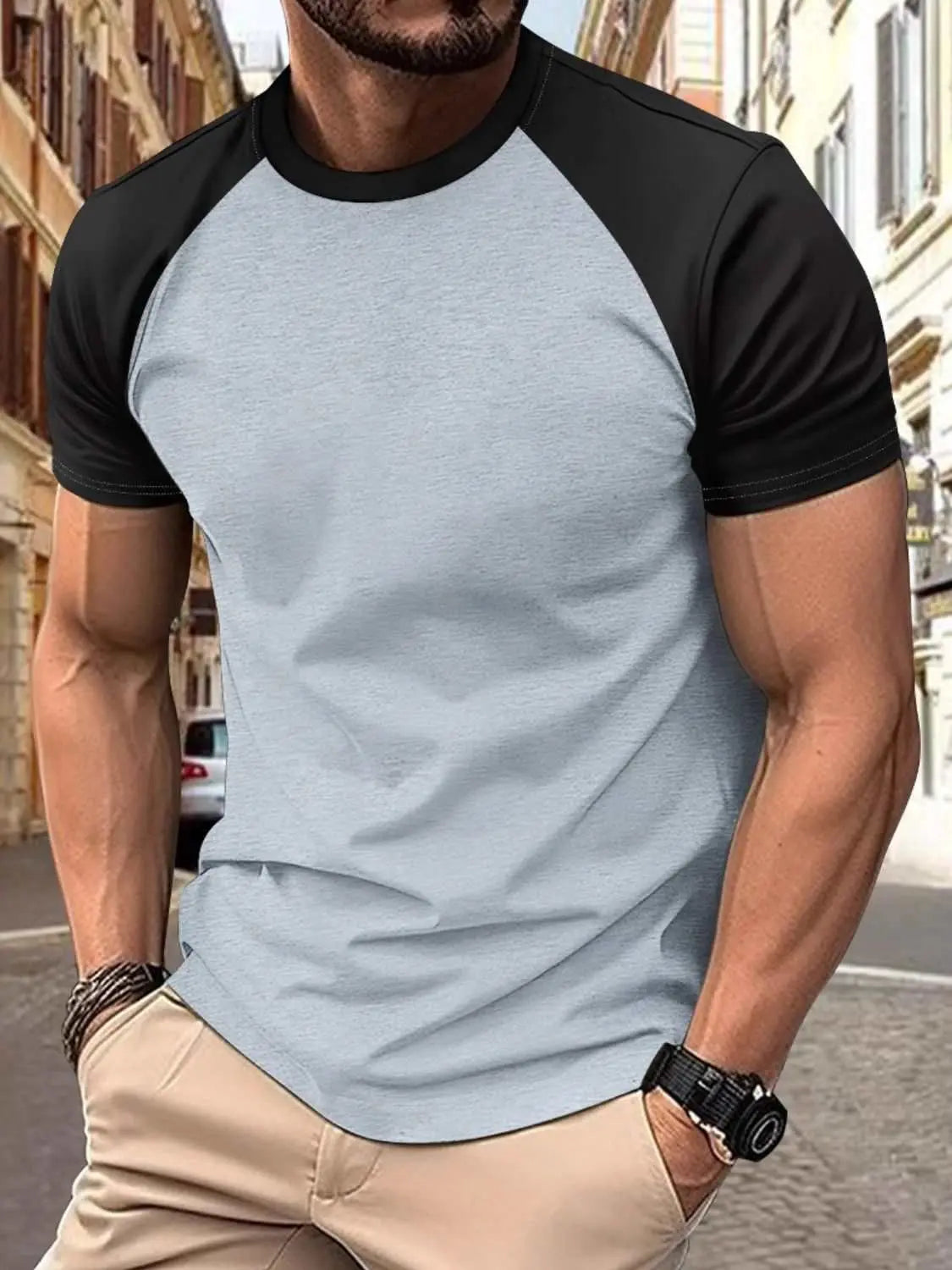 Men's full size round neck contrast T-shirt in blue and black, slightly stretchy material.