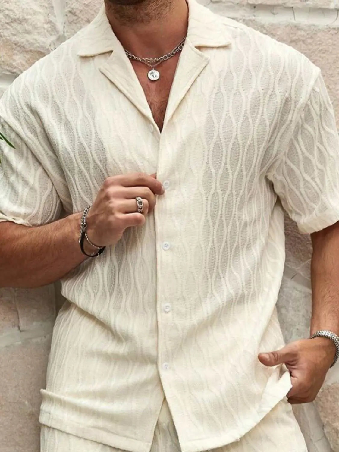 Men's plus size collared neck short sleeve top and shorts set, buttoned with pockets.