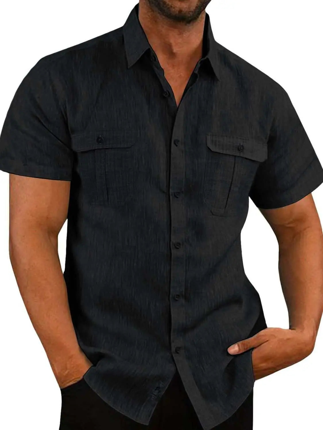 Men's plus size collared neck short sleeve shirt with pocket and button front.