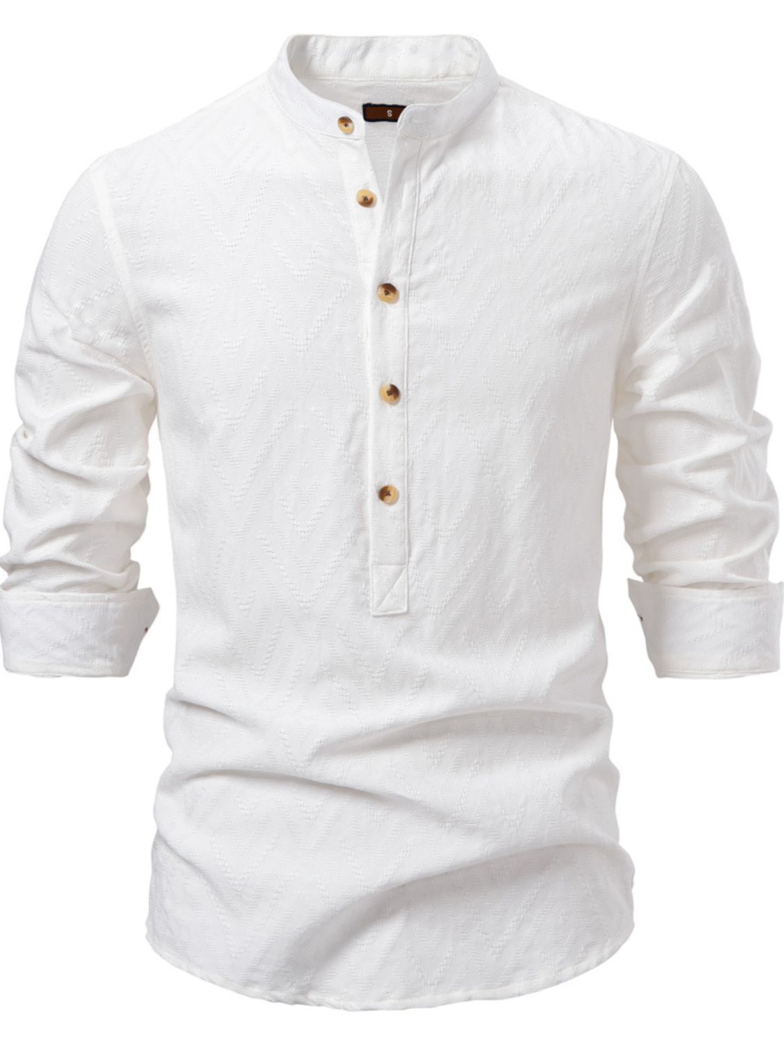 Men's half button geometric texture collared neck shirt in white.