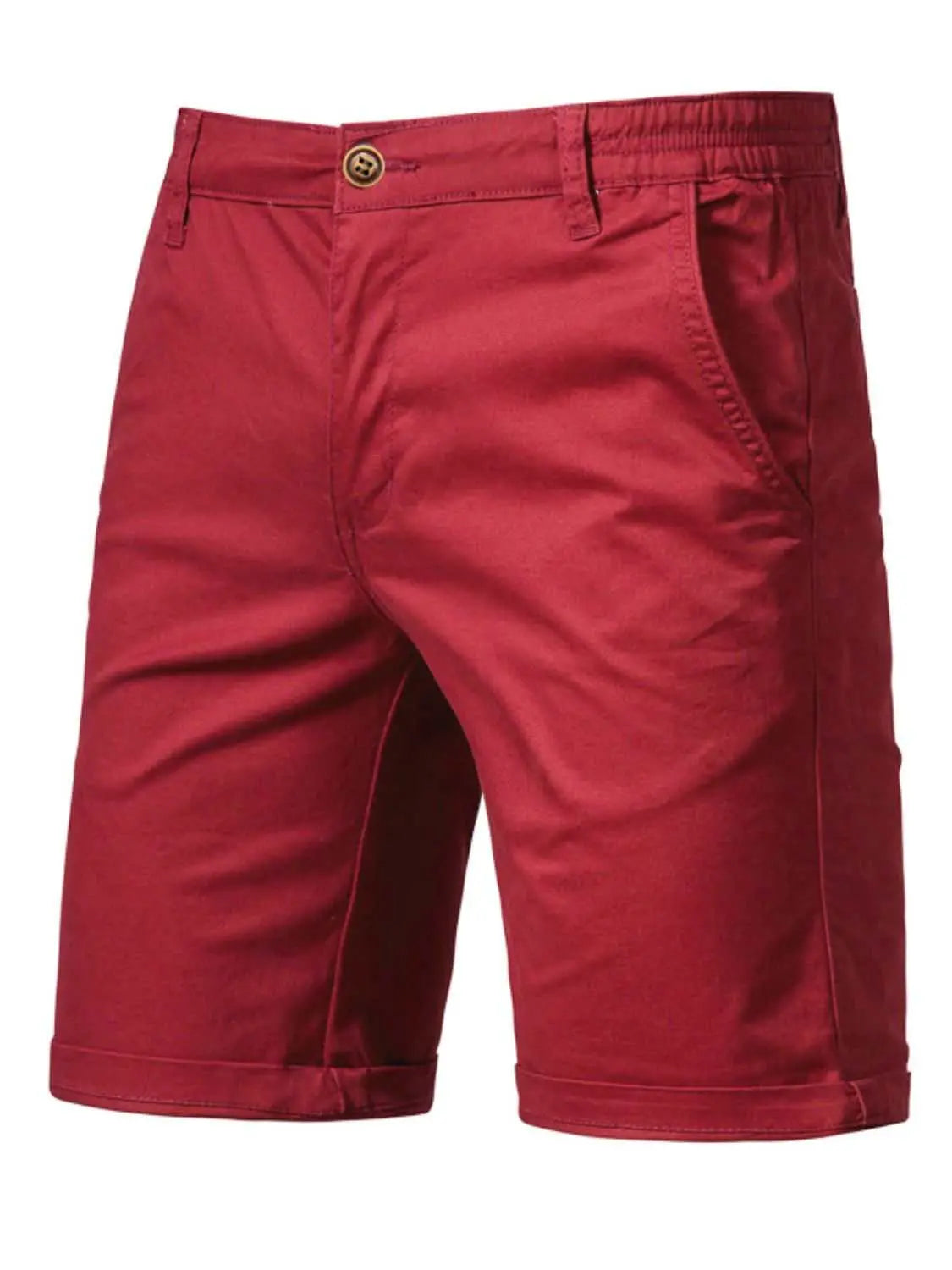Men's elastic waist shorts with pockets, 100% cotton, basic style, red color.