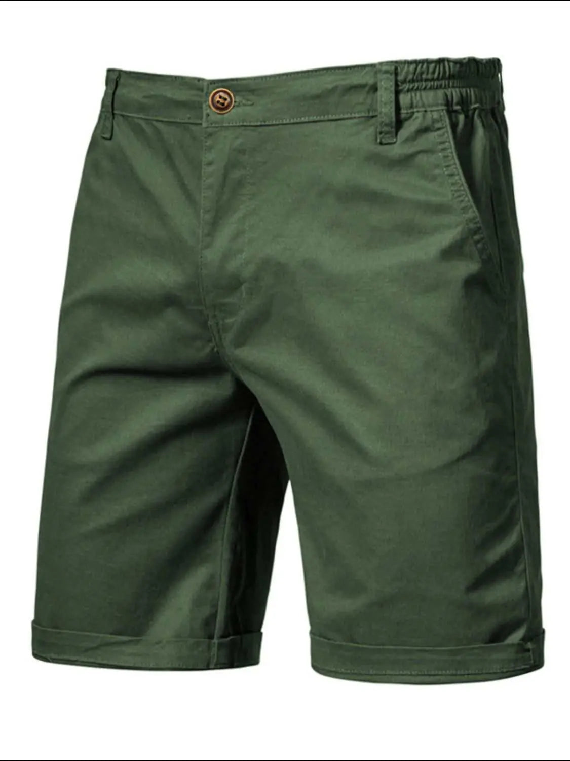Men's elastic waist shorts with pockets in green, 100% cotton.