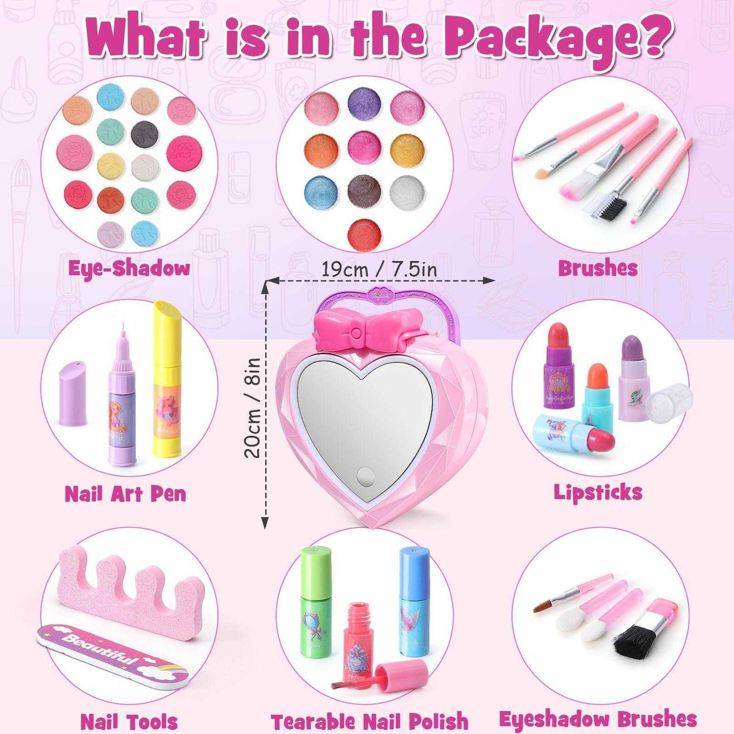 Complete makeup set with LED mirror and accessories, including eye shadows, brushes, lipsticks, and nail art pen. Perfect for creative learning and gift-giving.