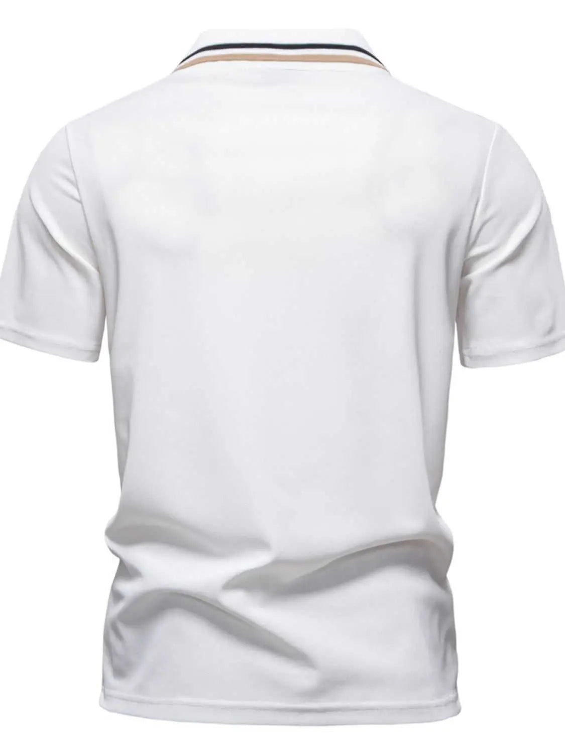 Men's short sleeve collared neck striped polo shirt, basic style, pocketed, 100% polyester.
