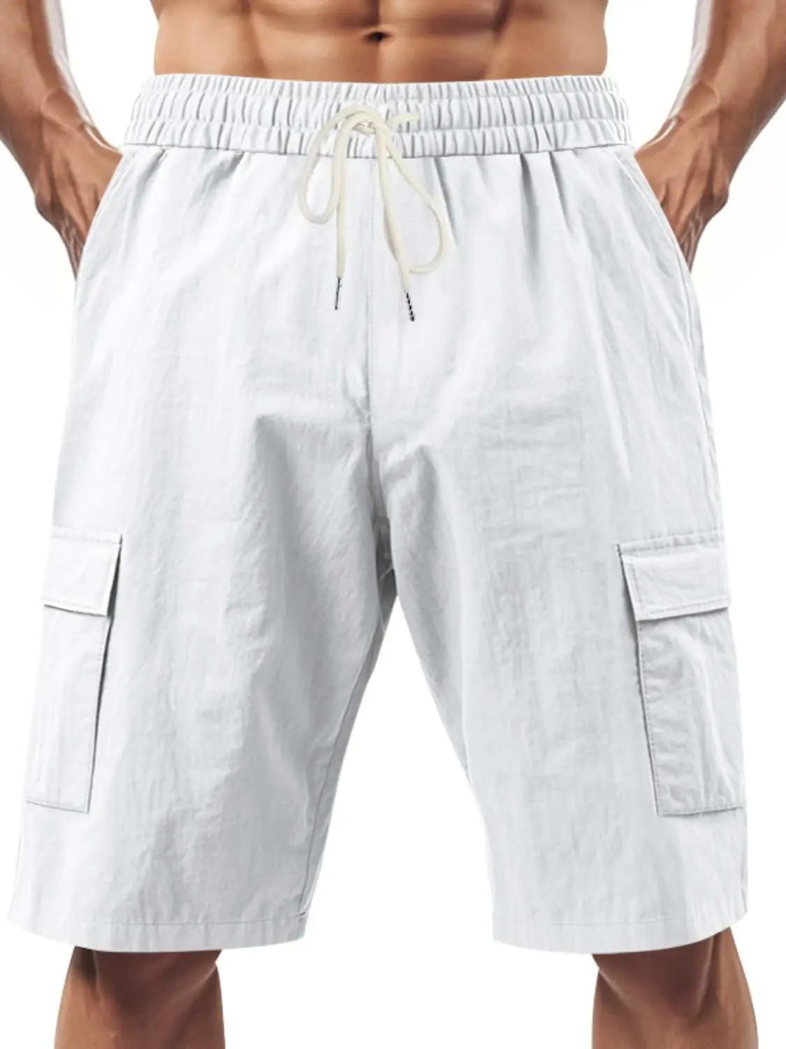 Men's full size drawstring cargo shorts with pockets.