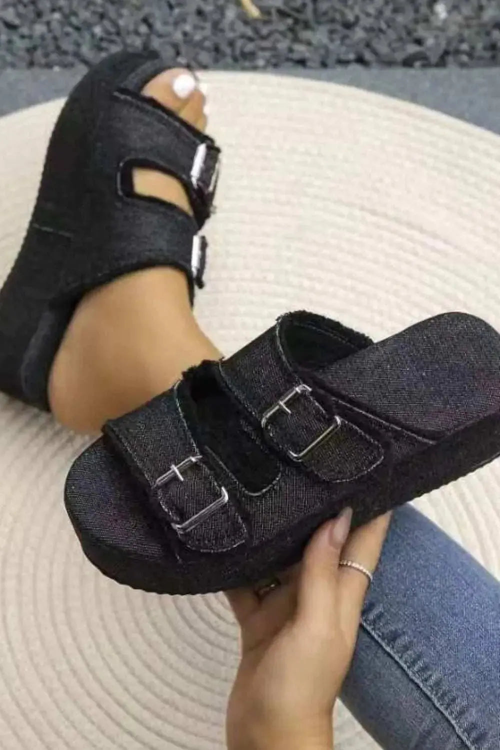Raw Hem Wedge Buckle Sandals, mid-heel, rubber and cloth material, true to size.