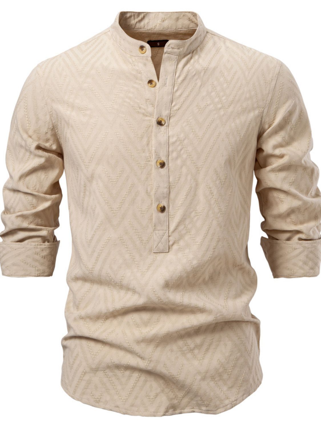 Men's half button geometric texture collared shirt in beige with long sleeves.