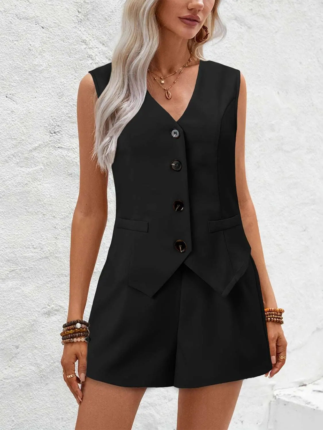 V-Neck Button Down Vest and Shorts Set in black, featuring a sleeveless design with buttoned front and two-piece outfit, made of 100% polyester.