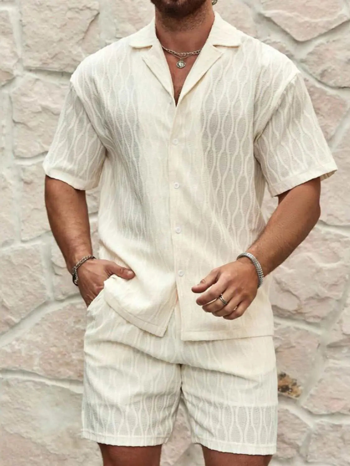 Men's plus size collared neck short sleeve top and shorts set, buttoned and pocketed.
