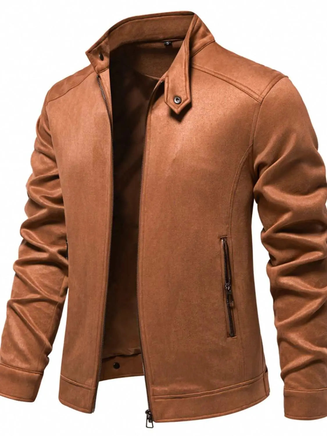 Men's zip up long sleeve biker jacket in brown, made from 100% polyester.