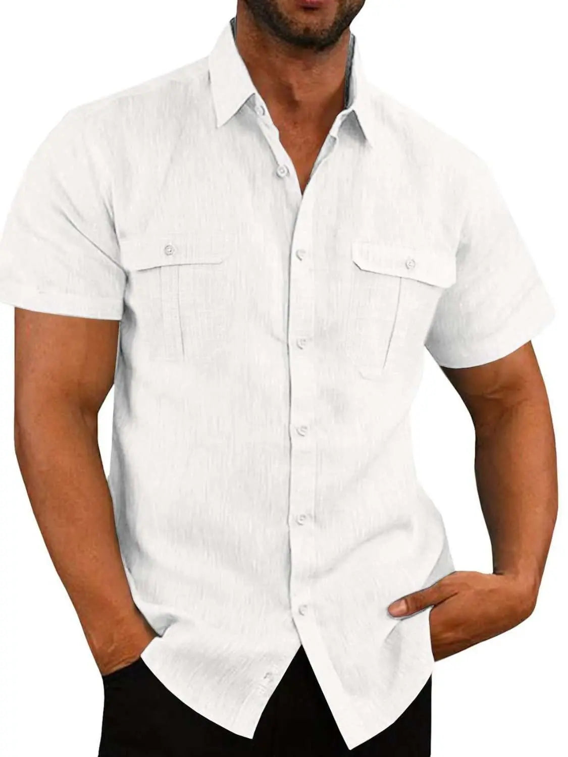 Men's plus size collared neck short sleeve shirt, pocketed and buttoned, made from 80% flax and 20% cotton.