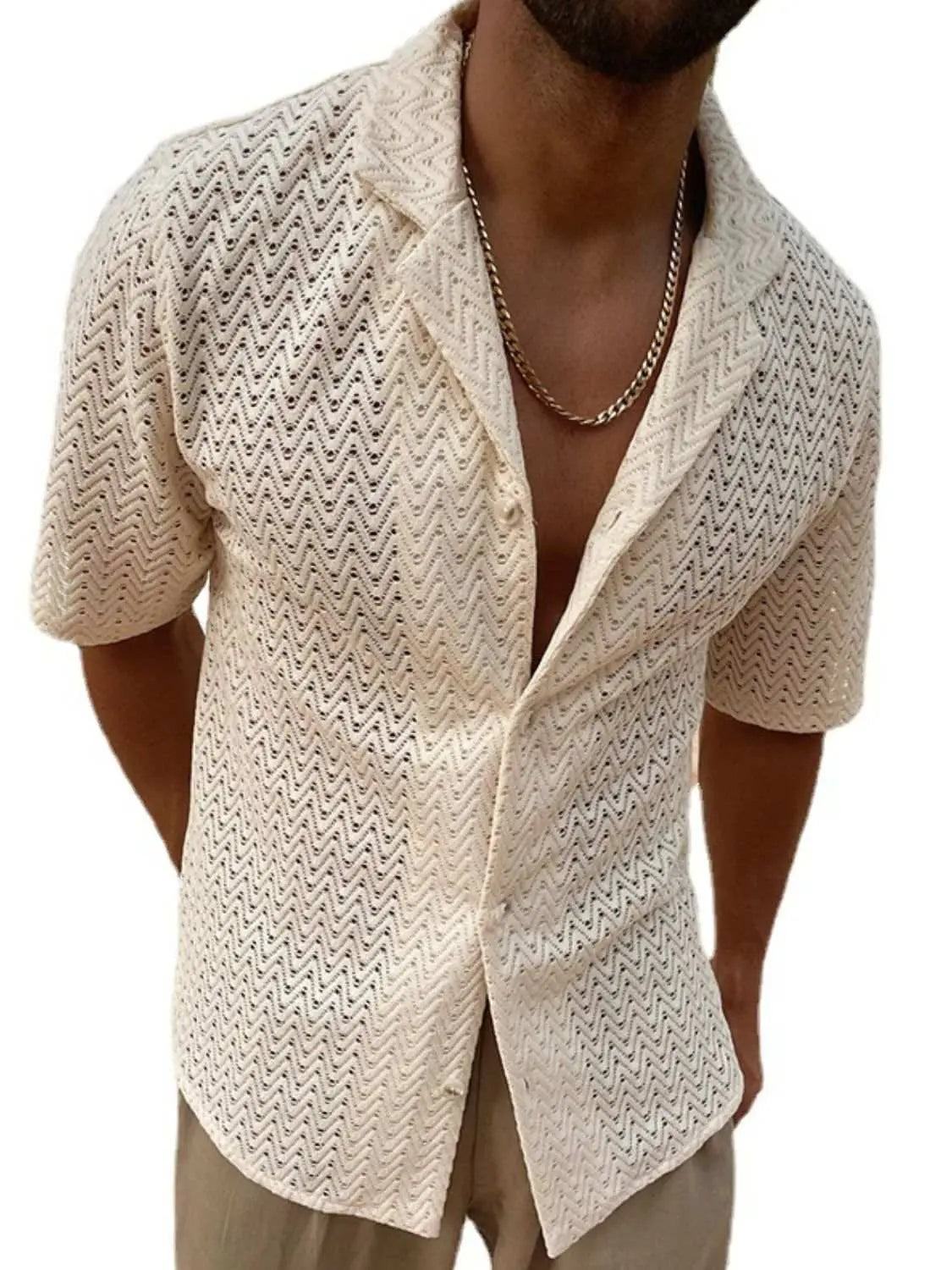 Men's plus size herringbone button-down knit shirt with eyelet design.