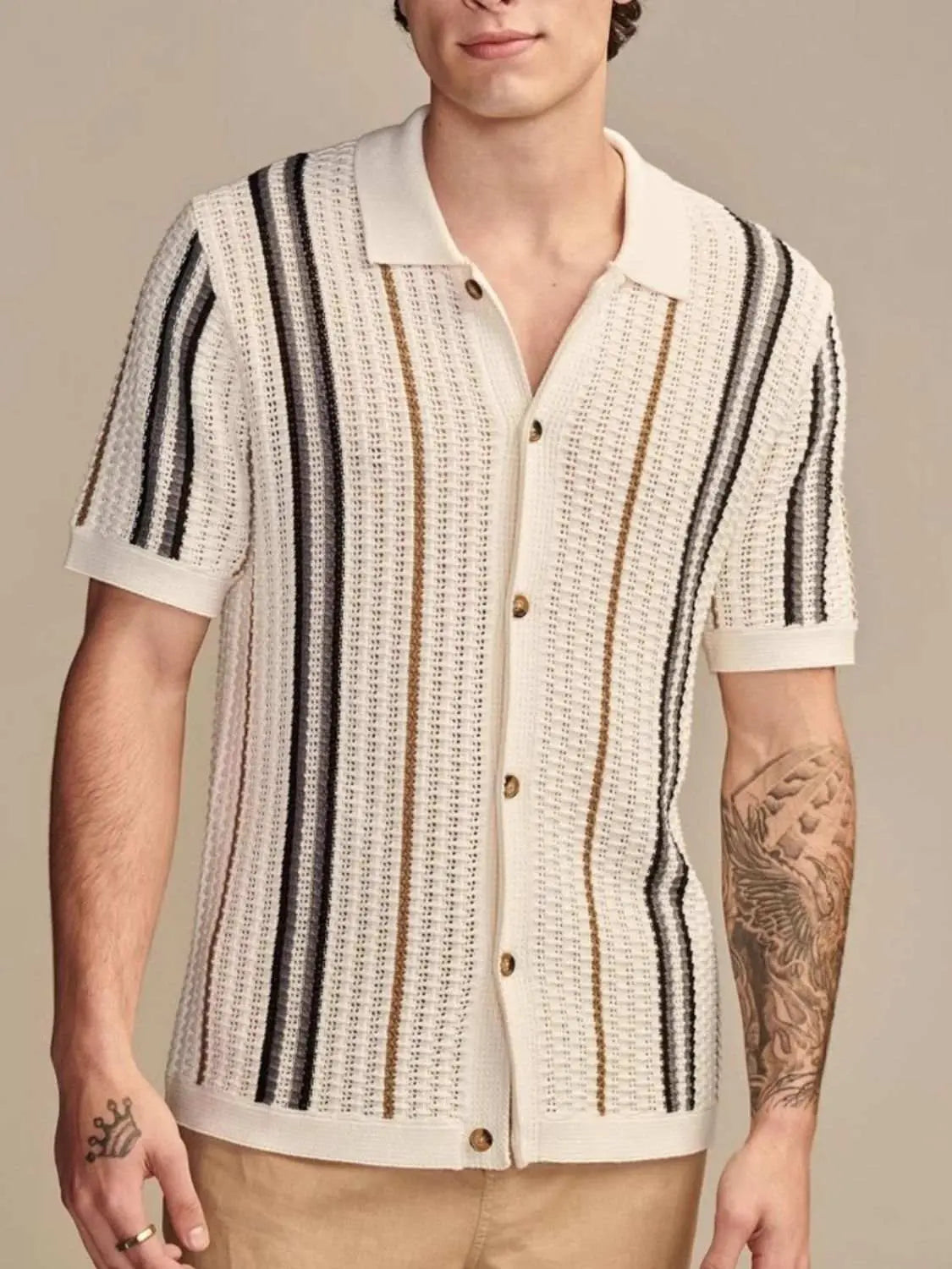 Men's plus size striped collared neck short sleeve shirt in white viscose.
