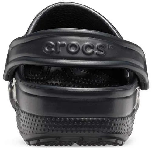 Crocs Unisex-Adult Classic Black Clogs Back View, Comfortable and Lightweight Footwear for Men and Women.