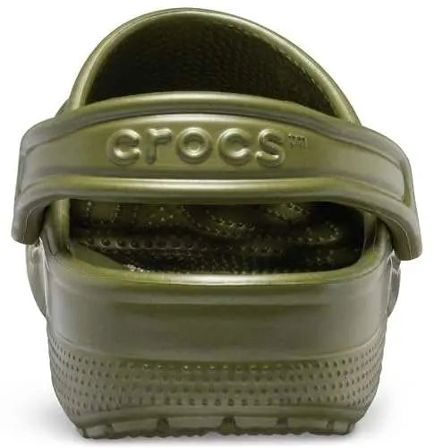 Unisex green Crocs Classic Clogs with heel strap, ventilation ports, and Croslite material.