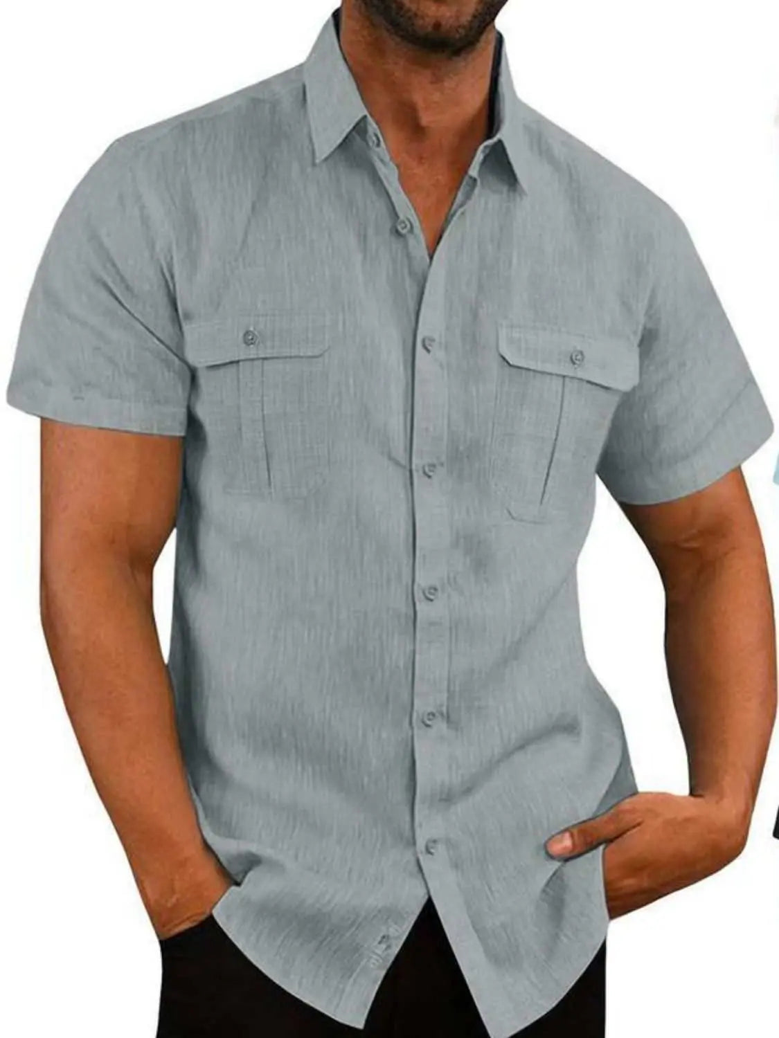 Men's plus size collared short sleeve shirt with pockets and buttons, flax-cotton blend.
