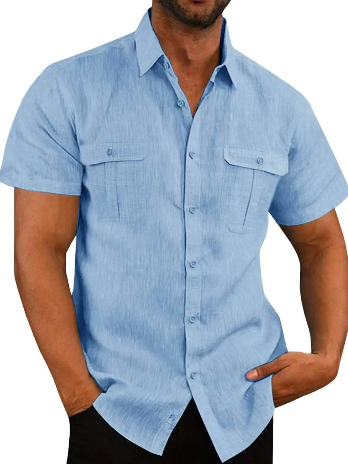 Men's plus size light blue collared short sleeve shirt with front pockets and buttons.