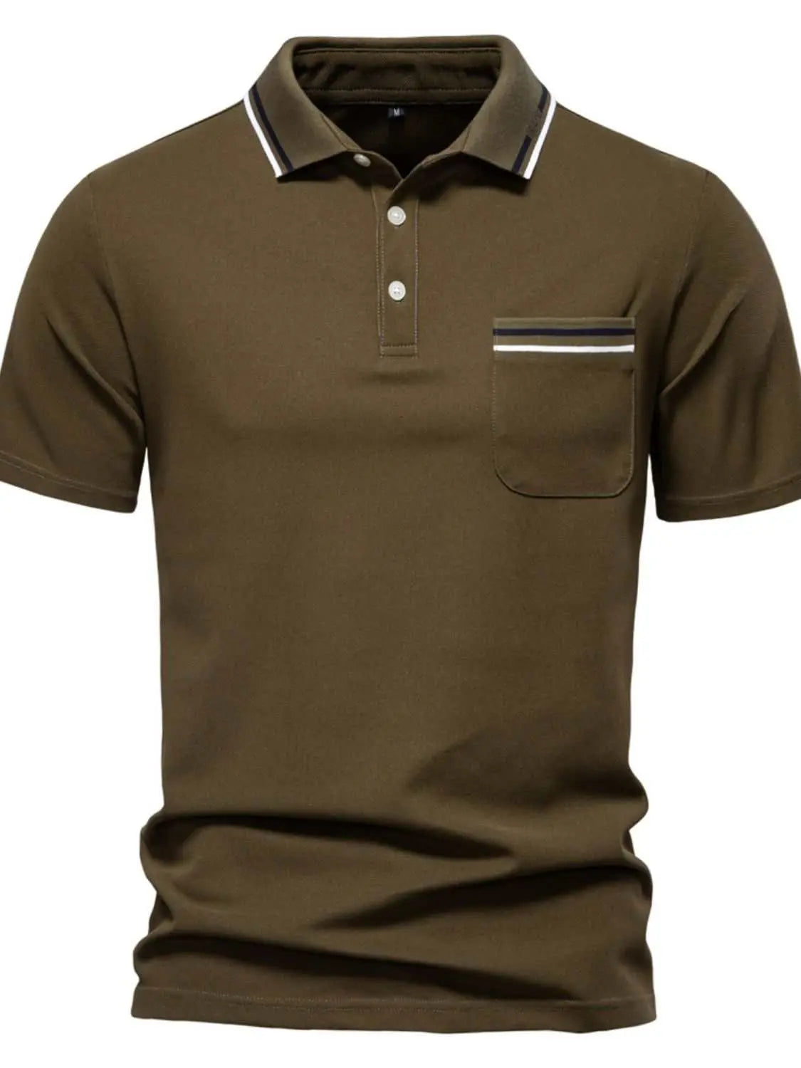Men's short sleeve collared neck striped polo in brown with pocket, polyester, basic style.