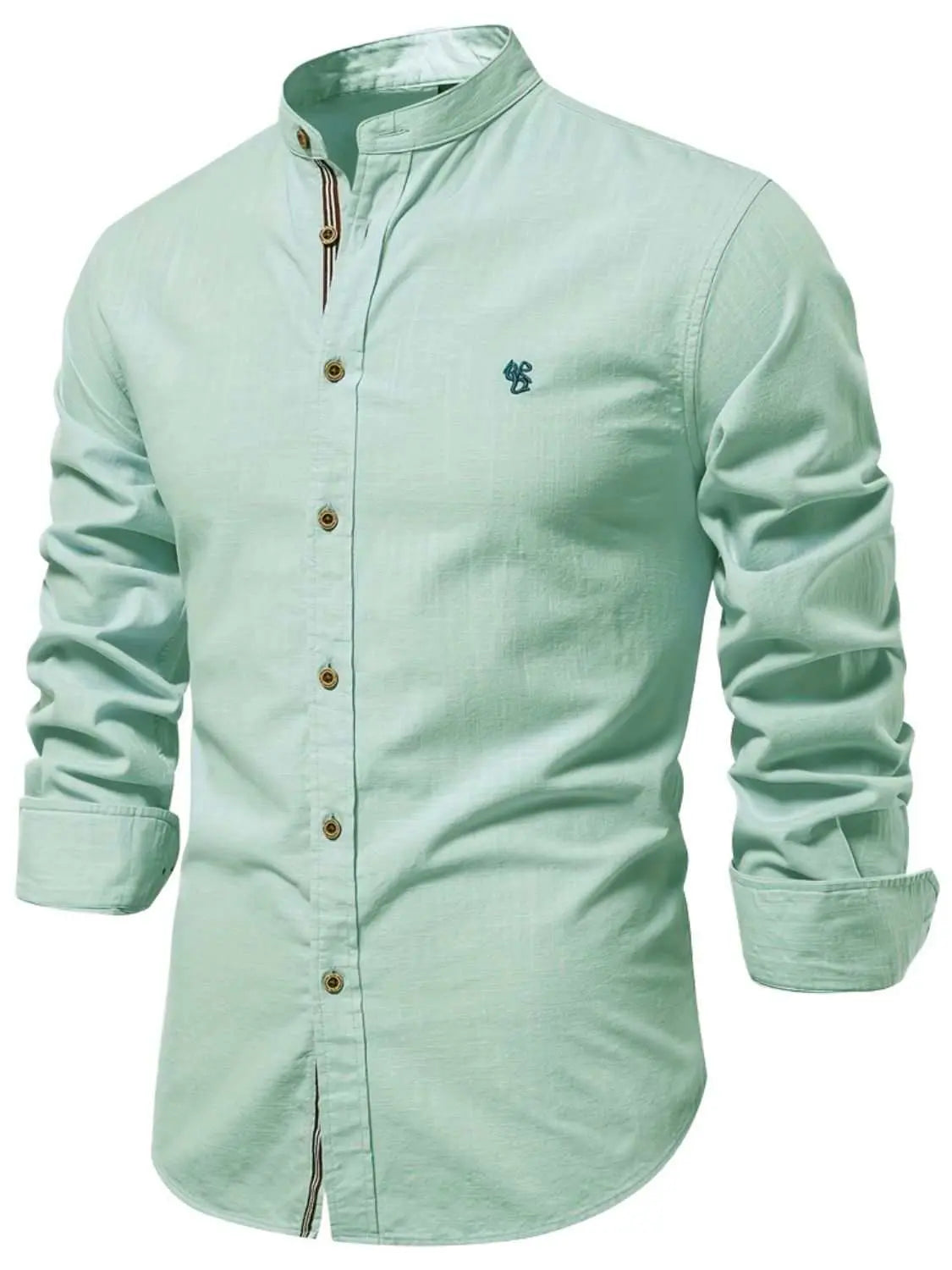 Men's full size button down embroidered shirt in light green with long sleeves.