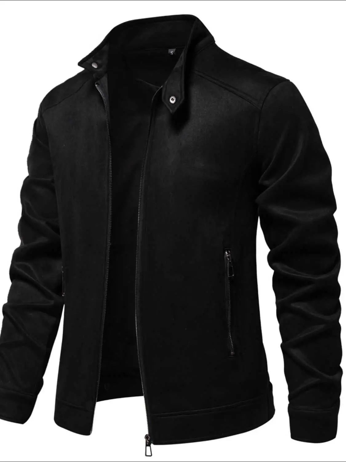 Men's zip up long sleeve biker jacket made of 100% polyester, basic style, black color.