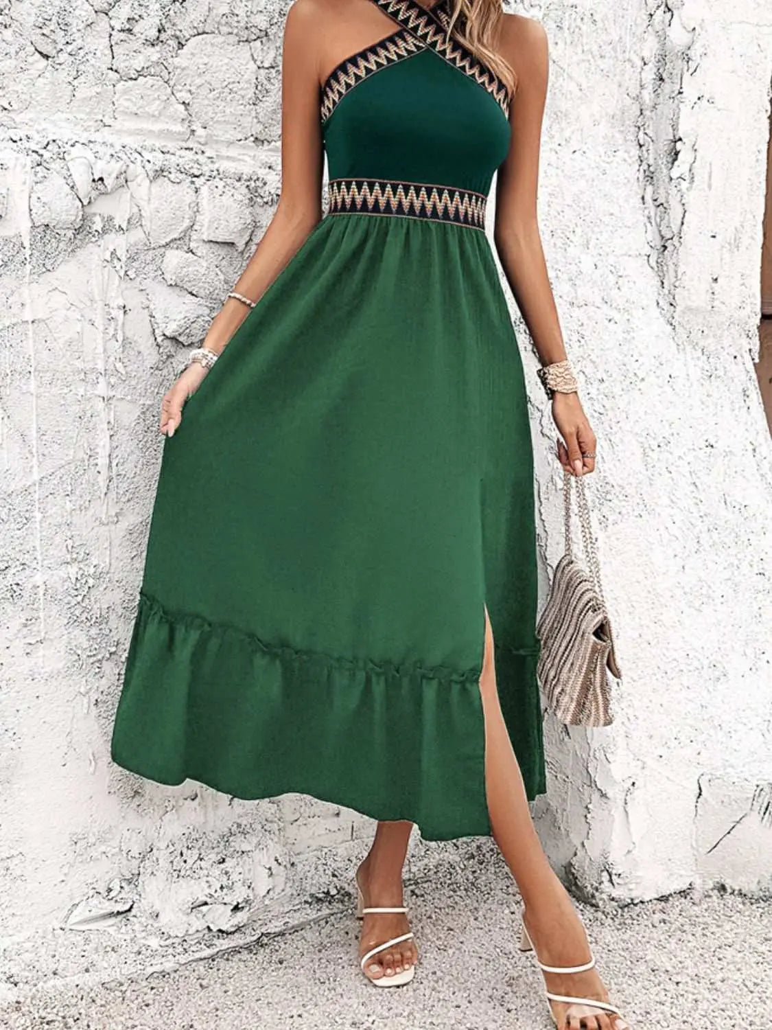 Devine Ruffled Slit Sleeveless Midi Dress in green with slit and ruffled design.