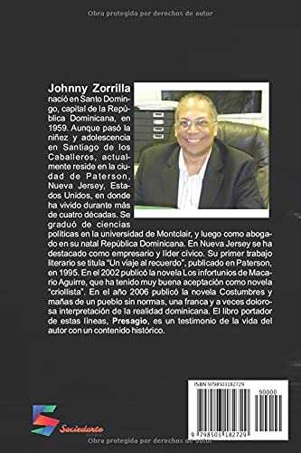 Back cover of "Presagio (Spanish Edition)" by Johnny Zorrilla, showcasing author biography and book details.