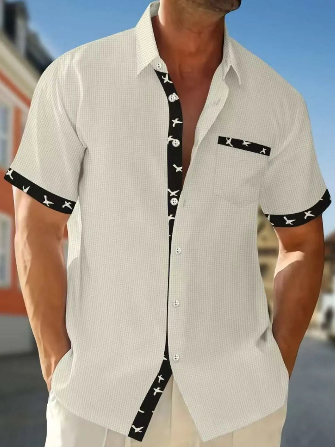 Men's full-size contrast trim waffle knit short sleeve shirt, plus size.