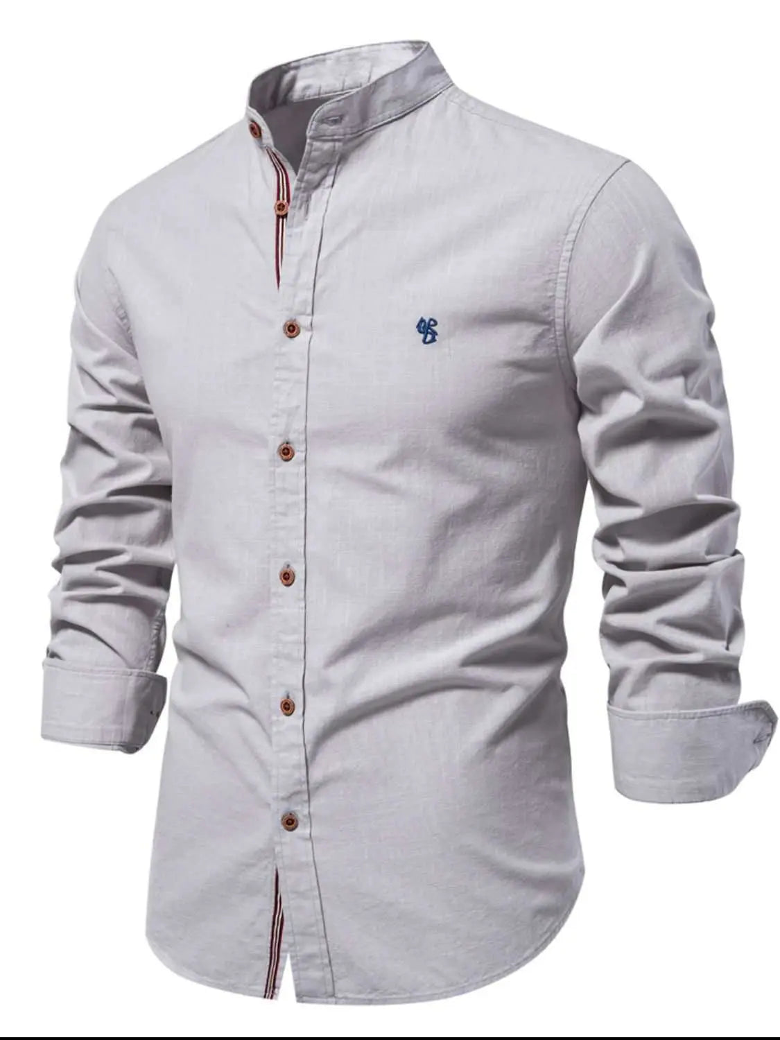 Men's full size button down embroidered shirt in light gray, slightly stretchy, 100% cotton.