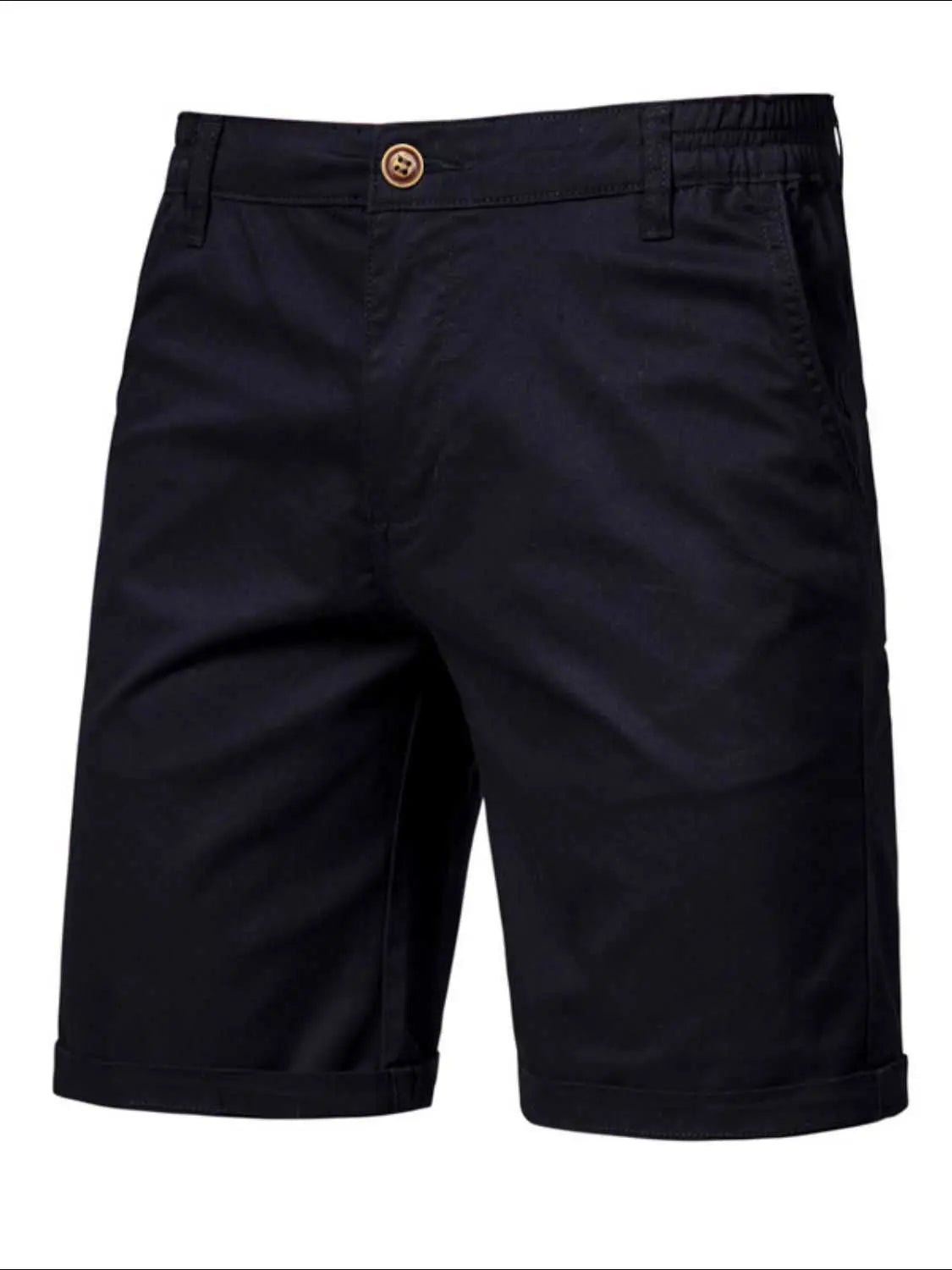 Men's elastic waist shorts with pockets, black, 100% cotton, basic style.
