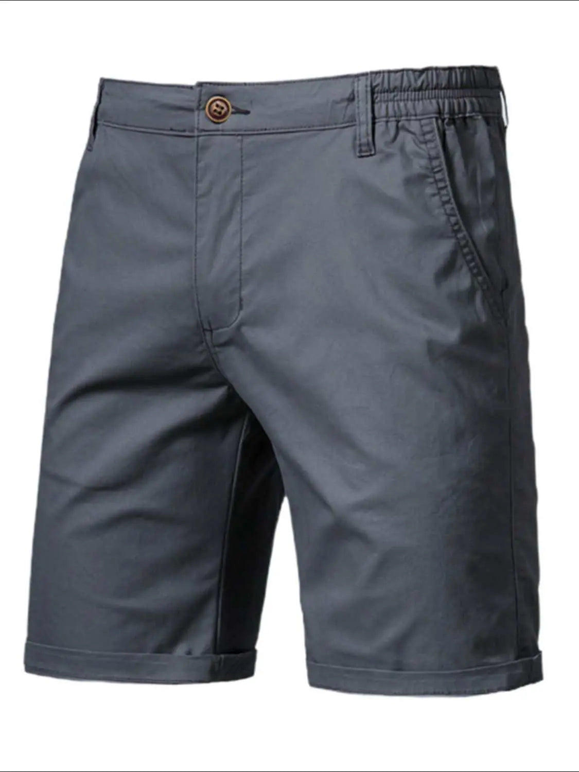 Men's elastic waist shorts with pockets in dark color, 100% cotton.