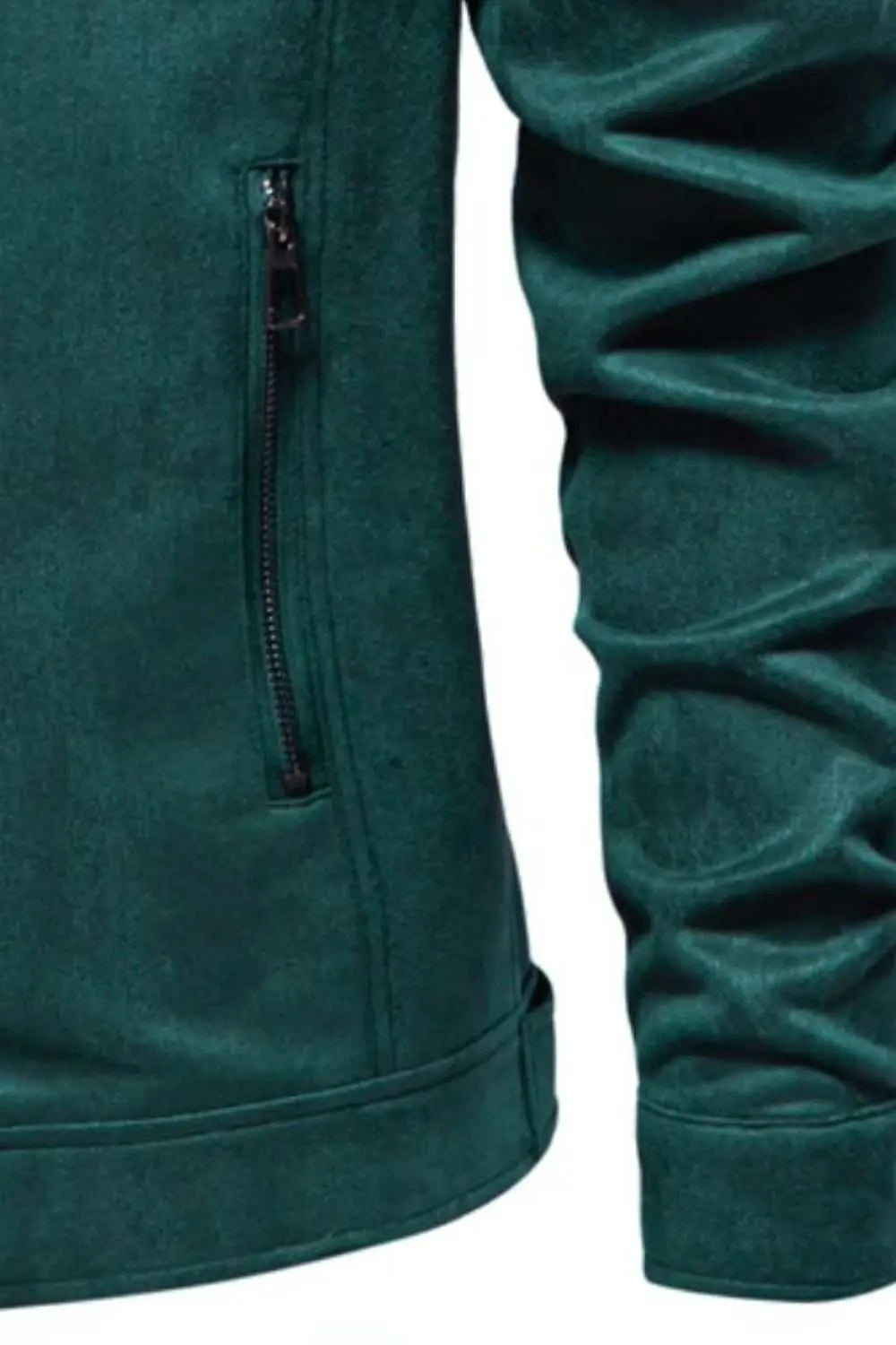 Men's zip up long sleeve biker jacket in green, featuring basic style and polyester material.