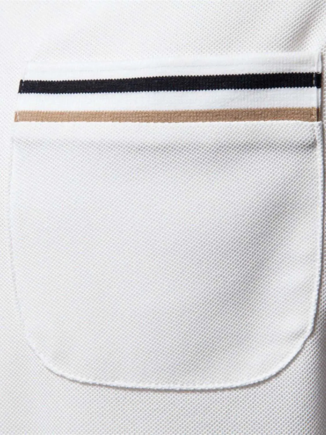 Men's short sleeve collared neck striped polo with pocket detail.