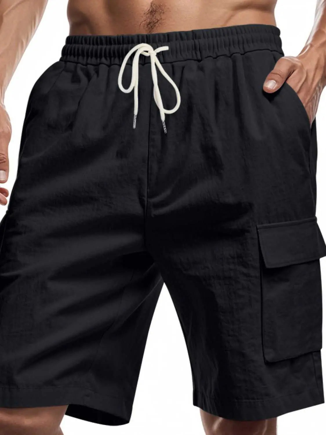 Men's full size drawstring shorts with cargo pockets, polyester material.