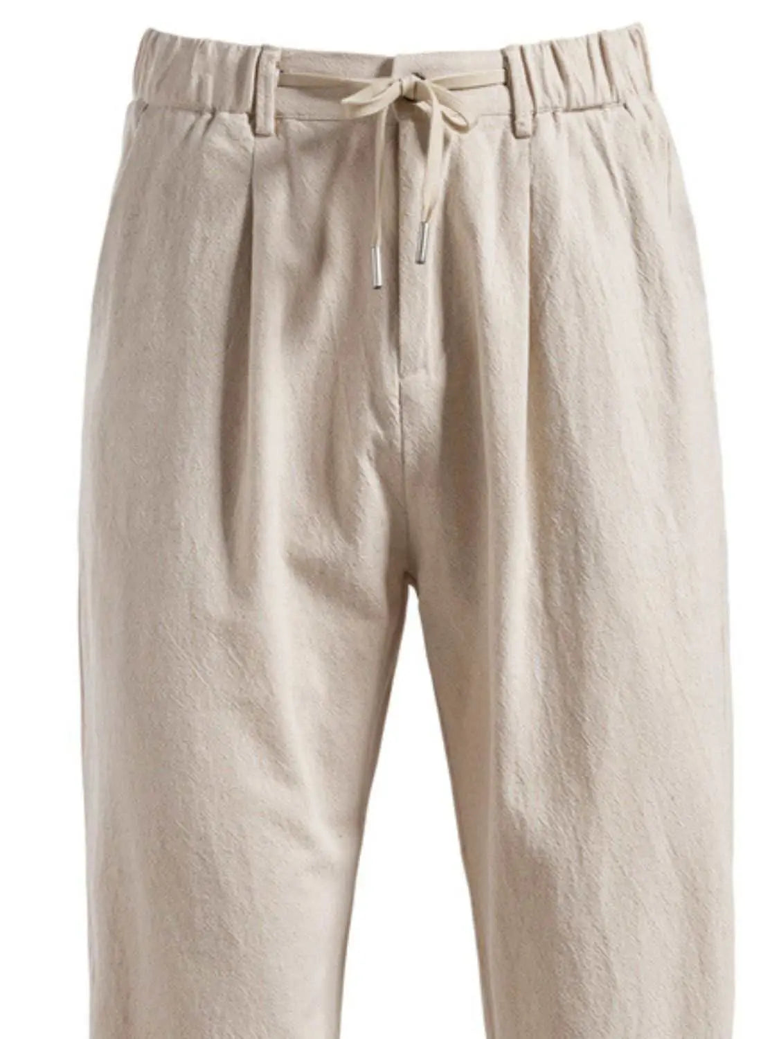 Men's drawstring straight pants with pockets made of 60% cotton, 30% linen, 10% polyester.