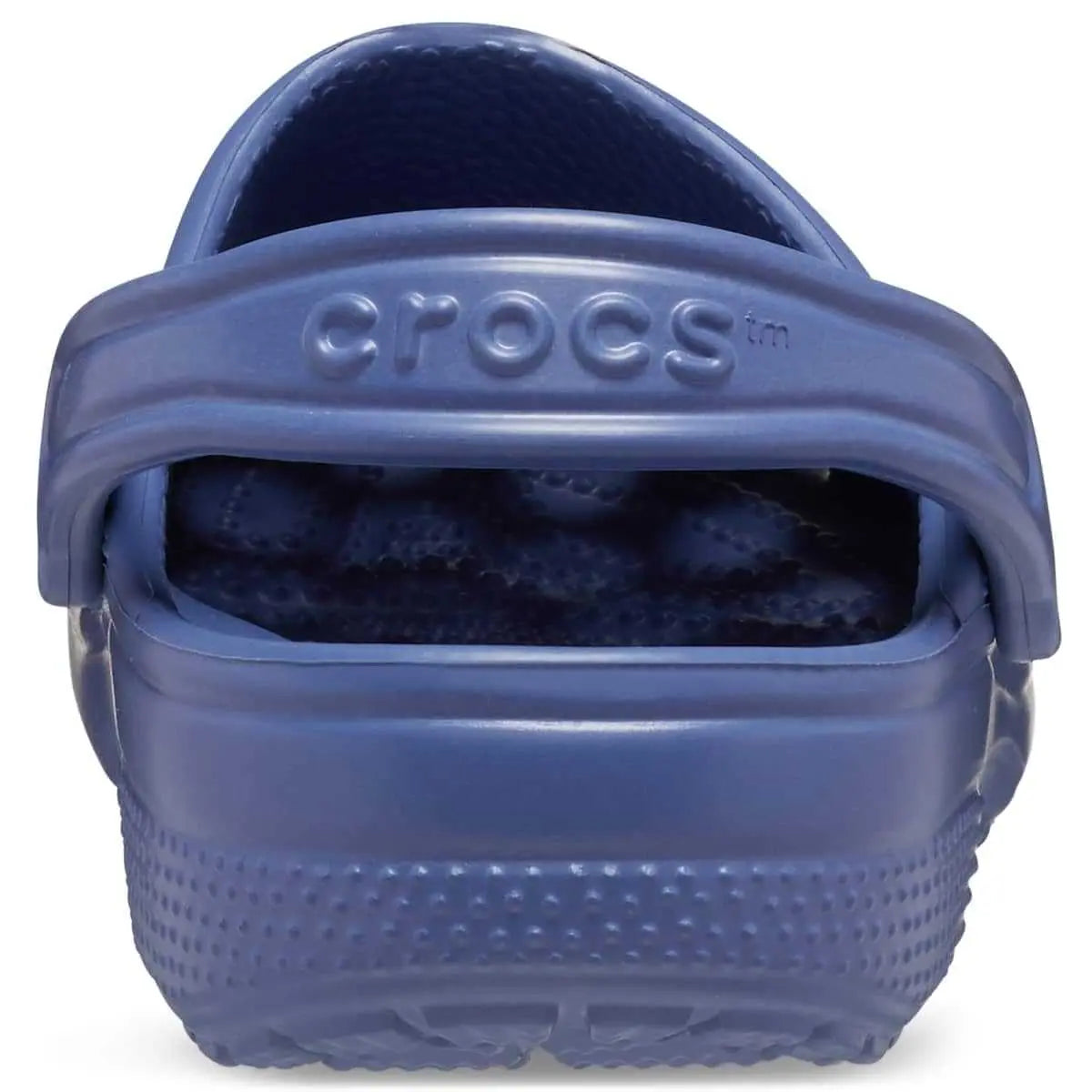 Crocs Unisex-Adult Classic Clogs in blue showing back view with adjustable strap.