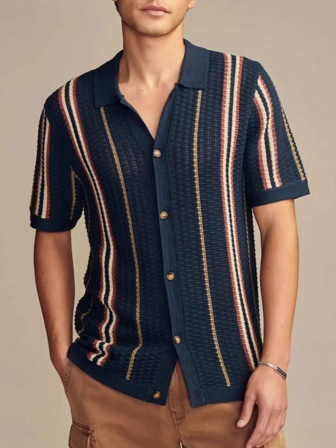 Men's plus size striped collared short sleeve shirt made of viscose.