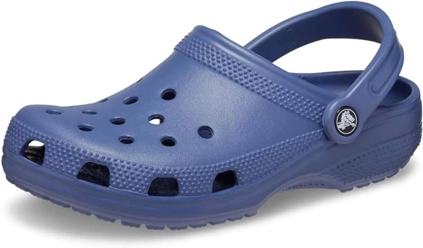 Crocs Unisex-Adult Classic Clogs, Black, side view showing ventilation ports and heel strap.