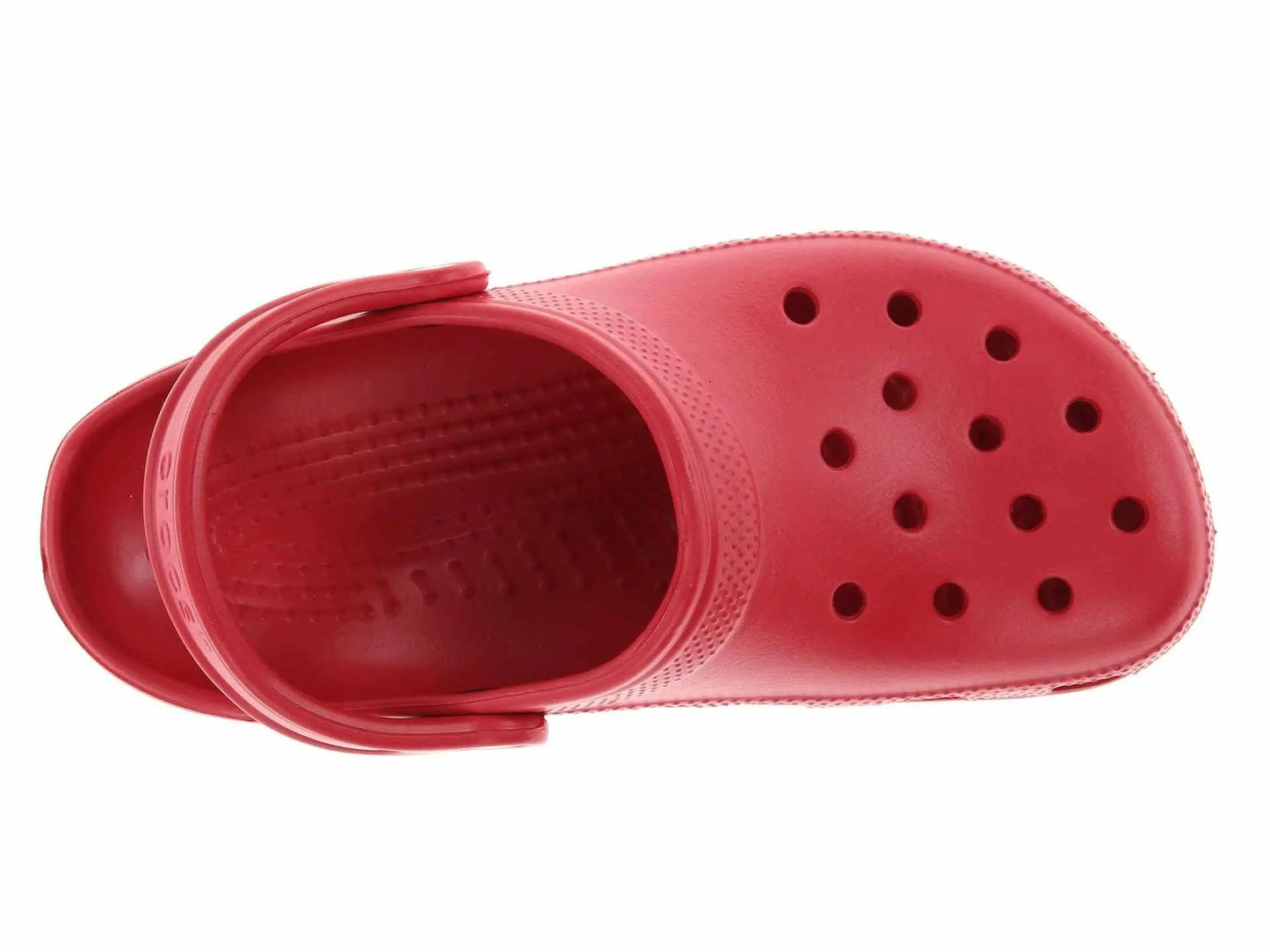 Crocs Unisex-Adult Classic Clogs in red, top view showcasing ventilation ports and strap.