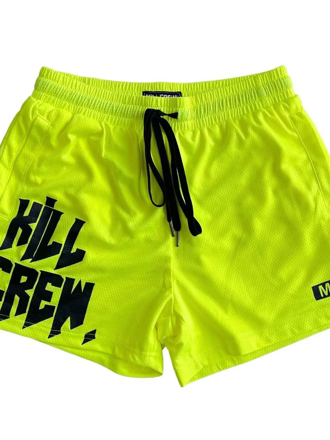 Men's plus size drawstring active shorts in bright yellow with black lettering, featuring a basic style and moderate stretch.